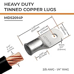 SELTERM 2pcs 2/0 AWG 1/4" Stud Tinned Copper Wire
