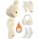 HEEKPEK Winter Beanie Hats Scarf Gloves Ear Muffs Fuzzy Socks 5pcs Set for Women Cold Weather Beanies Touch Screen Gloves