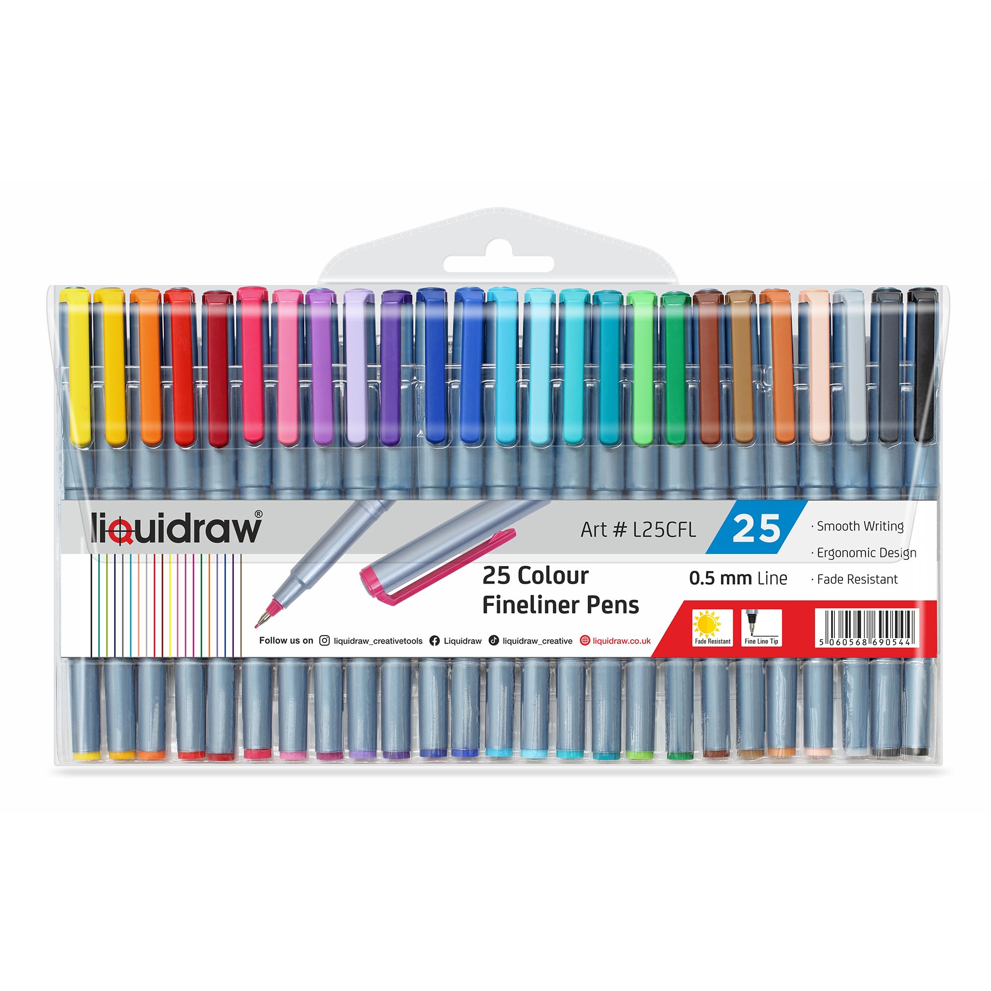 Liquidraw Multicolour Fineliner Pens - 25 Set | Fine Point 0.5 mm Tip | Storage Wallet | Coloured Pens For Artists, Handwriting, Drawing, Calligraphy, Sketching | Ergonomic Design | Fade Resistant Ink