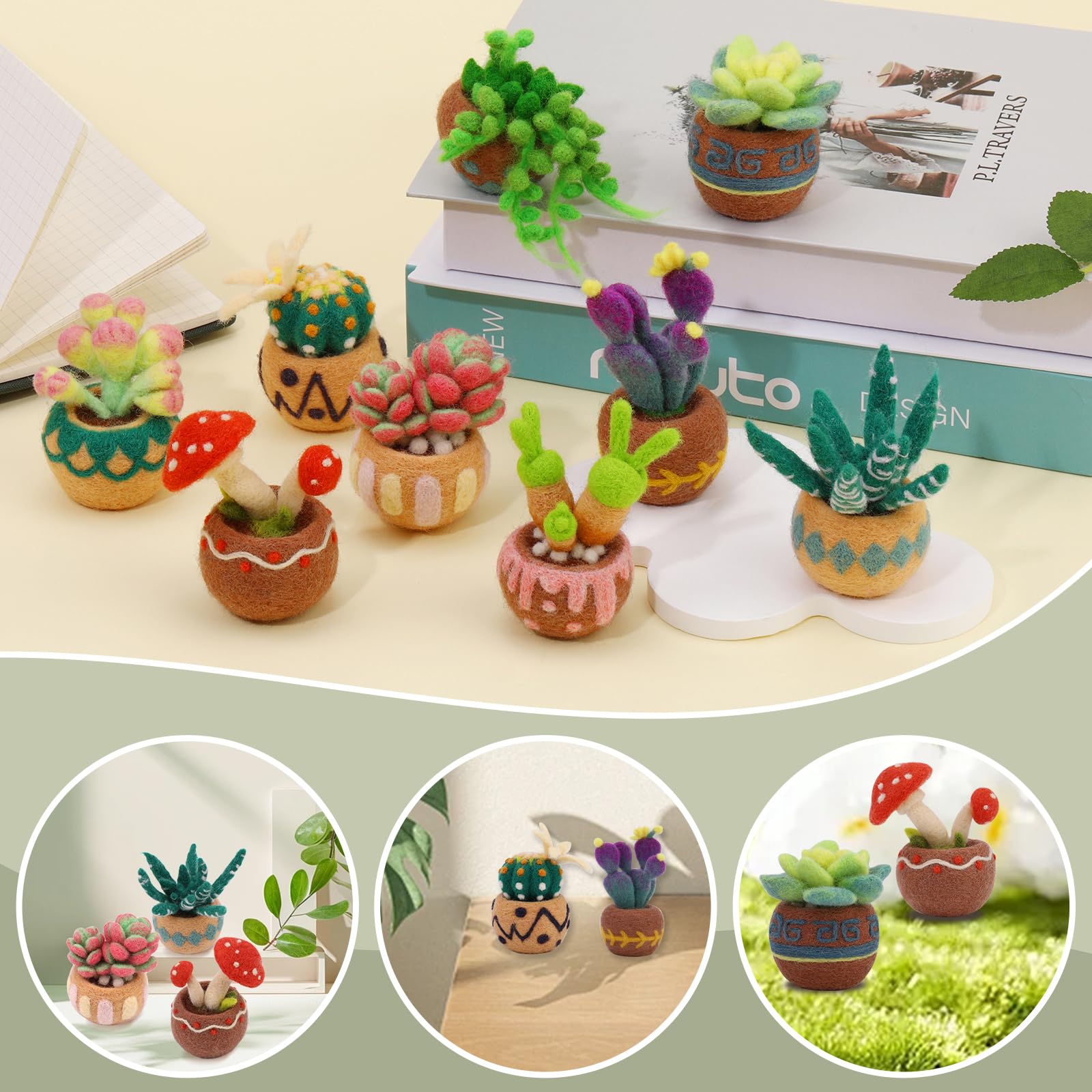Yizzvb Needle Felting Kit, 9 Pcs Succulent Needle Felt Beginner Kits, Wool Felting Kit Including Wool Roving, Felting Pad, Felting Needles and Instructions for DIY Craft Home Decoration