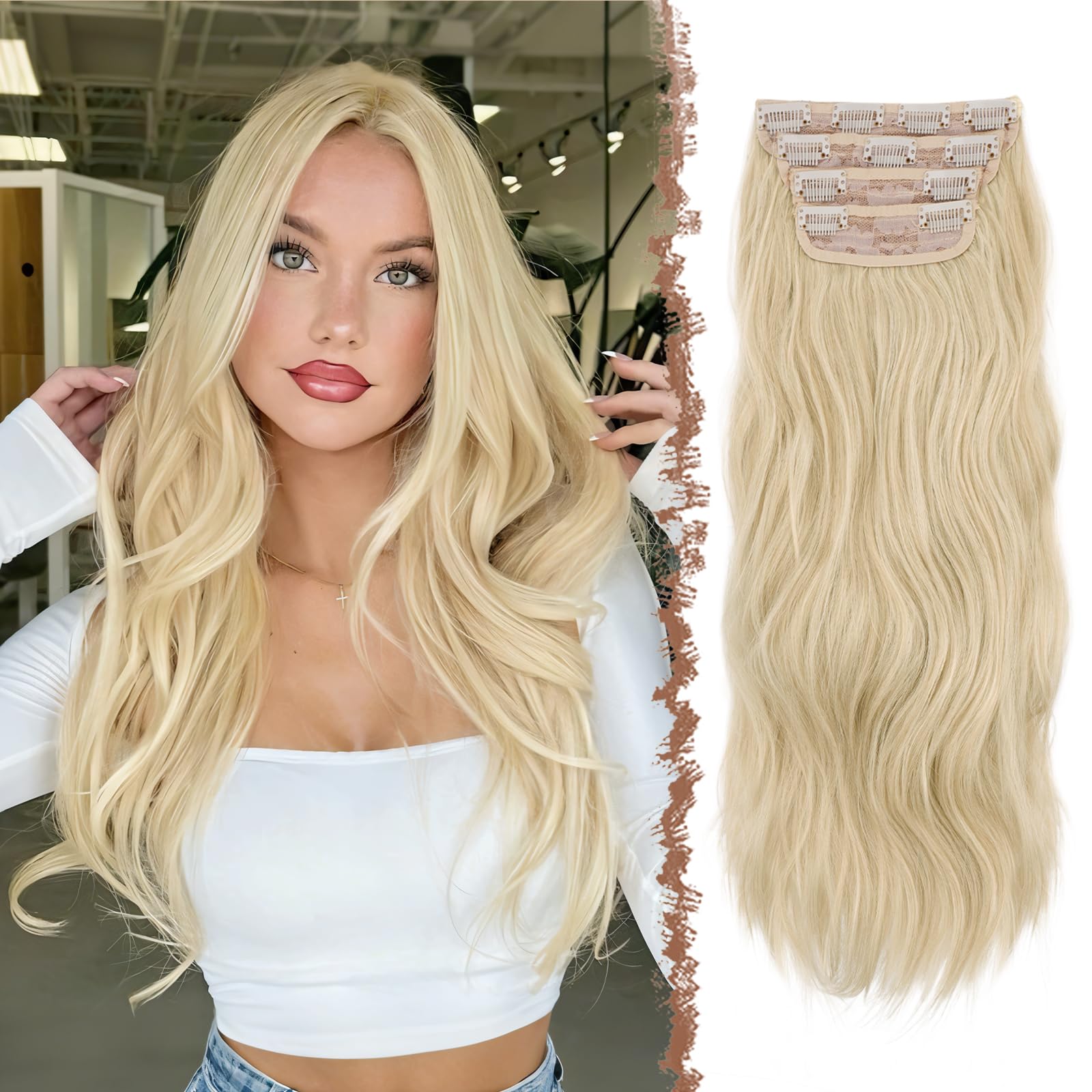 Photo 1 of FESHFEN Clip in Hair Extensions for Women - 4 Pcs Thick Double Weft Long Wavy Soft Synthetic Blends Well Hair Extension, 20 inch Platinum Blonde