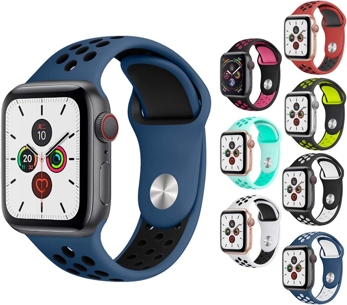 ATETION Sport Strap Compatible with Apple Watch 38mm 42mm 40mm 44mm, Breathable Waterproof Soft Silicone Replacement for iwatch Series 5/4/3/2/1 for women/men, S/M M/L (42mm/44mm, Midnight blue/Black)