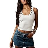 BEAUDRM Women's Grommet Eyelet Tank Top Y2K Ribbed Scoop Neck Sleeveless Going Out Crop Tops