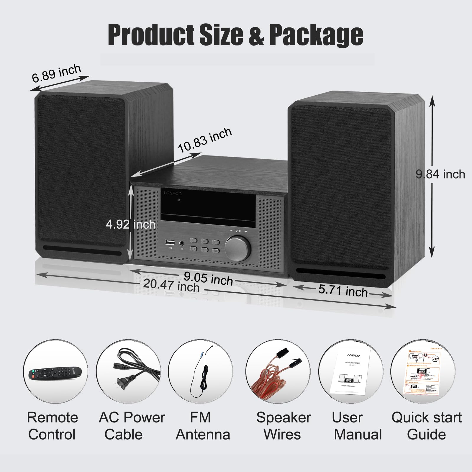 LONPOO Home CD Stereo Shelf System,100W Hi-Fi Bookshelf Speskers System (with CD Player, FM Radio, Bluetooth 5.3, USB Playback, AUX-in, Headphone Jack, Remote Control, DSP-Tech)