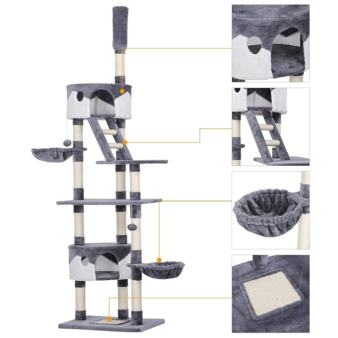 Yaheetech XXL Kratzbaum für Katzen - Kletterbaum Höhe 227,5-254,5 cm, höhenverstellbar deckenhoch
