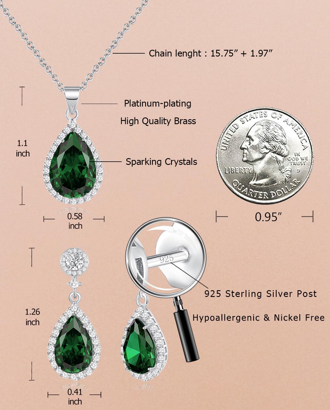 Jewelry Sets For Women 925 Sterling Silver Post Teardrop Dangle Stud Earrings Necklace Set Crystal Rhinestone Wedding Prom Costume Jewelry for Women