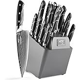 18 Pieces Damascus Kitchen Knife Set, 8 Piece Steak Knives, Non-slip ABS Ergonomic Triple Rivet Handle for Meat Fork, Knife Sharpener and Shears, 17 Slots Fraxinus Manchuria Knife Block (Grey)