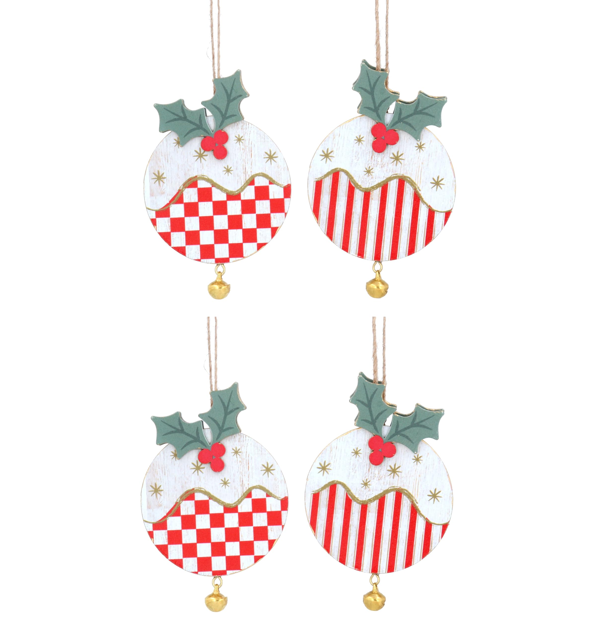 Gisela Graham Red & White Wood Christmas Pudding Decorations, Set of 4, Striped, Gingham