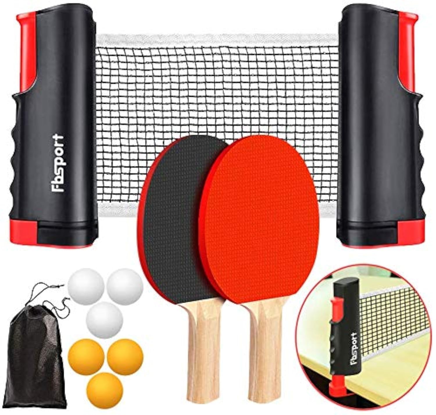 FBSPORT ping pong set, Table Tennis Sets, 2 Bats, 6 Balls and extendable ping-pong nets, Professional Ping Pong Racket Paddle Set with Carry Bag, for Indoor/Outdoor Games