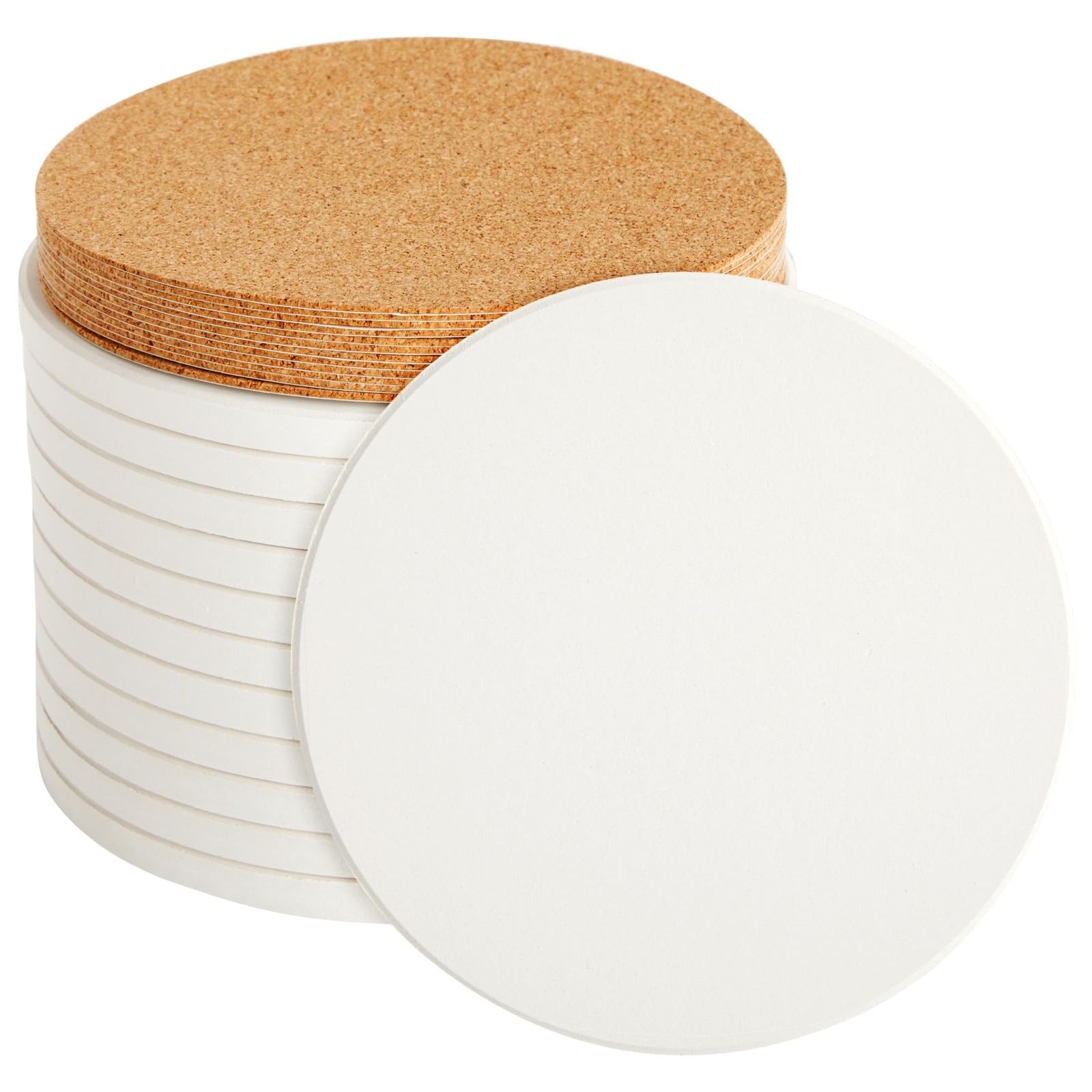 Photo 1 of 12 Round Unglazed Ceramic Tiles for Crafts with 12 Cork Pads for DIY Coasters, Acrylic Pouring, Alcohol Ink, White Blank Coasters for Painting, Art Projects (4.2 in)