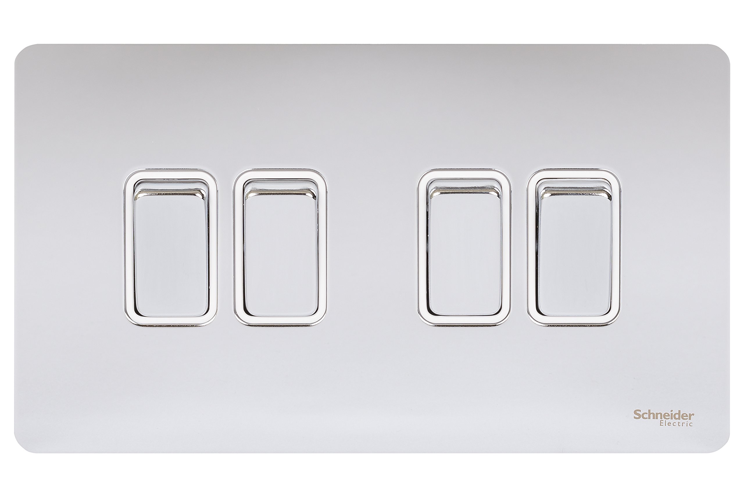 Schneider Electric Ultimate Screwless Flat Plate - 4 Gang Rocker 2 Way Light Switch, Single Pole, 16AX, GU1442WPC, Polished Chrome with White Insert