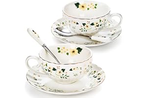 Lyellfe Set of 2 Tea Cup and Saucers, 6 Oz Floral Tea Cups with Spoon Gold Trim, Porcelain Bone China British Coffee Cappucci