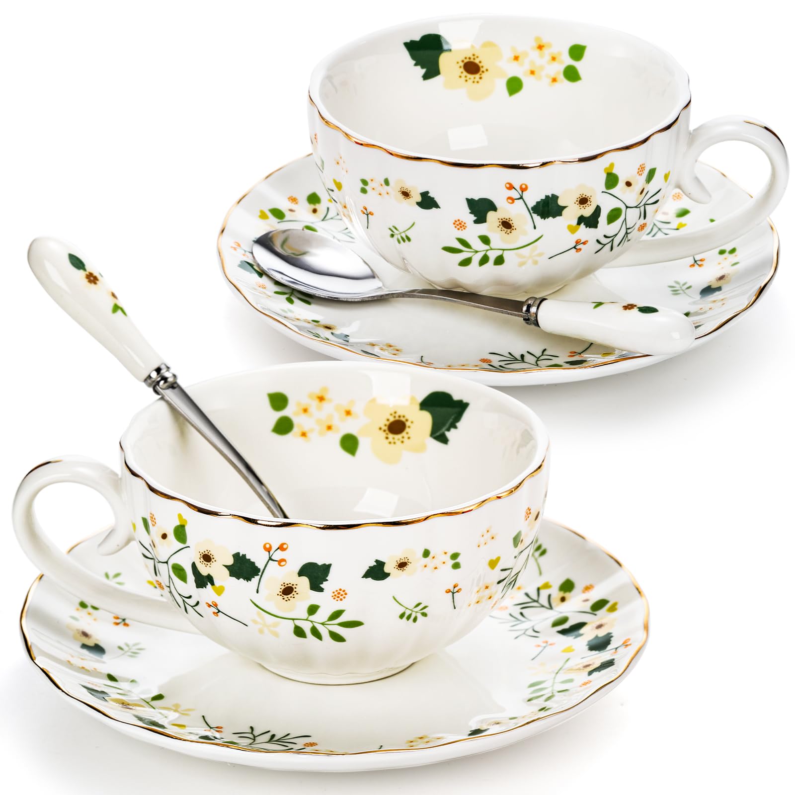 Photo 1 of Lyellfe Set of 2 Tea Cup and Saucers, 6 Oz Floral Tea Cups with Spoon Gold Trim, Porcelain Bone China British Coffee Cappuccino Espresso Latte Mugs for Party Birthday Wedding Gifts