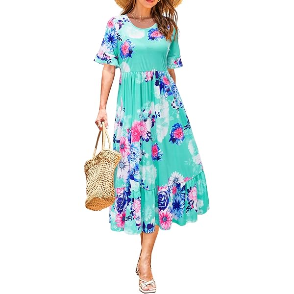 Vestido De Verano Para Mujer Con Cuello En V Y Estampado De Hojas - Manga 3/4, 100% Poliéster, Tallas S-XXL