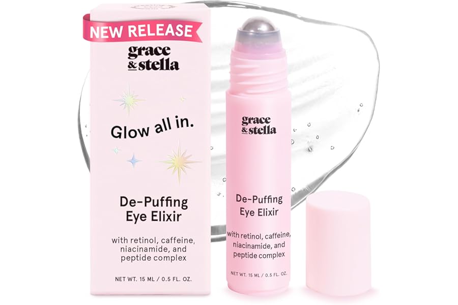 grace & stella Under Eye Brightener Roller – Airplane Travel Essentials – Travel Size Toiletries – Retinol & Caffeine Eye Serum for Puffiness, Dark Circles, Wrinkles – Vegan Skincare (15ml / 0.51floz)