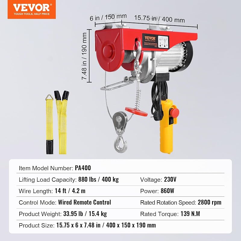 Paranco Elettrico Doppio Cavo Carico max. 400 kg, Telecomando a Filo 4,2 m, Altezza di Sollevamento Cavo Singolo 12 m, Paranco Arresto di Emergenza, Sollevatore per Garage, Magazzino, Fabbrica