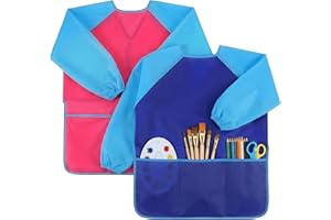 TEHAUX 2 Pack Kids Art Smock, Waterproof Long Sleeve Toddler Paint Apron with 3 Pockets, Washable Children Painting Bib Tabli