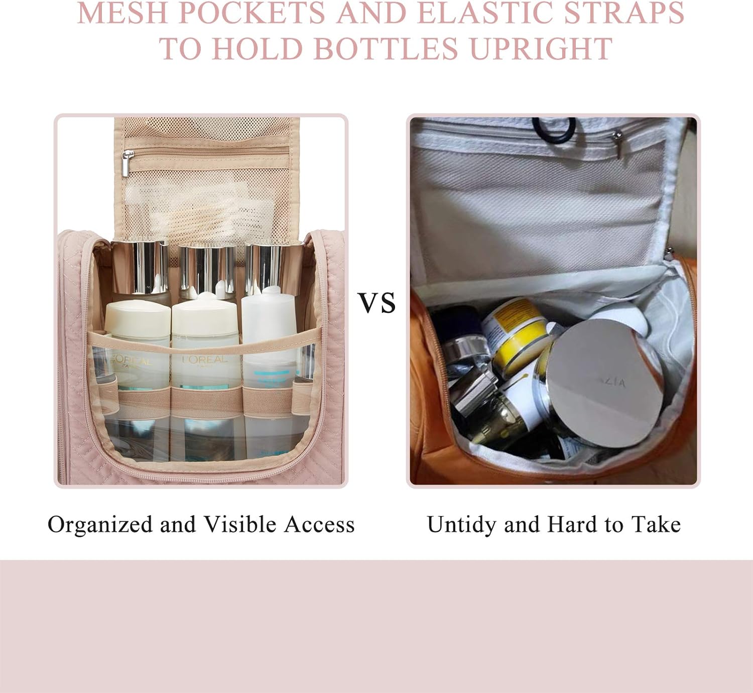 Toiletry Bag, BAGSMART Travel Toiletry Organizer with hanging hook, Water-resistant Cosmetic Makeup Bag Travel Organizer for Shampoo, Full Sized Container, Toiletries, Pink