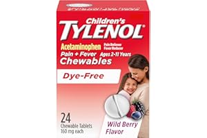Children's Tylenol Dye-Free Chewables, 160 mg Acetaminophen Pain Reliever & Fever Reducer for Kids' Cold + Flu Symptoms, Headache, Sore Throat & Toothache, Aspirin-Free, Wild Berry, 24 ct
