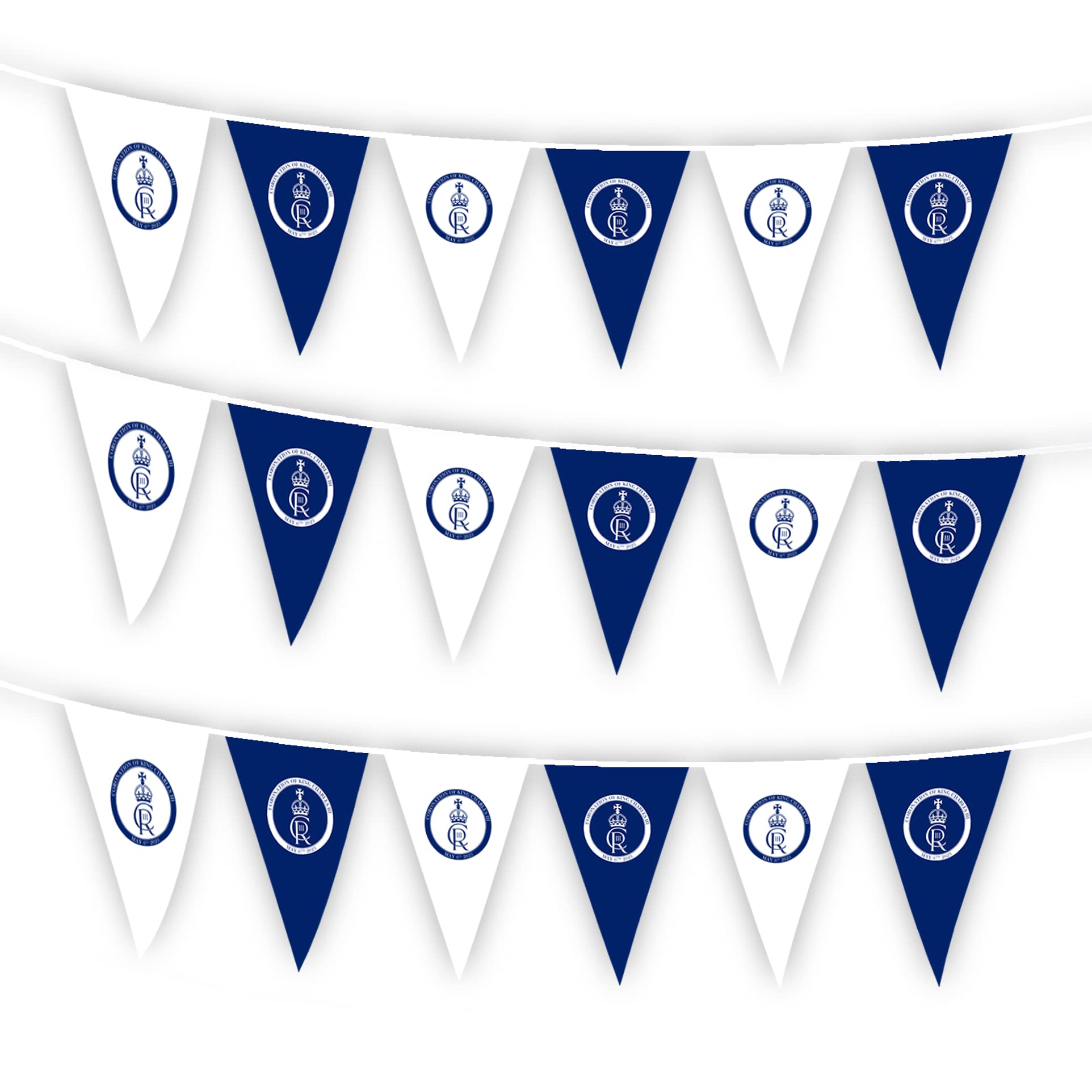 20m/66ft Bunting King Charles III Coronation His Majesty Cypher Blue White Triangle 48 Flags Celebration Banner Royal Family UK British Street Party Decoration
