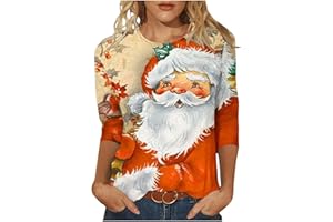 SHOPESSA Womens Christmas Blouse 3/4 Length Sleeve Womens Tops Santa Claus Print Shirt Womens Blouse Long Sleeve Dressy