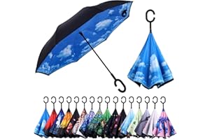 Wxjiahetai Inverted Umbrella, Windproof Reverse Umbrellas for Rain with Reversible Inside-Out Design Large Upside Down Umbrella for Women & Men with C-shaped Handle (High clouds)