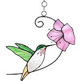 Lolitarcrafts Hummingbird with Flower Stained Glass Suncatcher Bird Stained Glass Window Hangings Hummingbird Gift for Home Decor (Green with Flower)