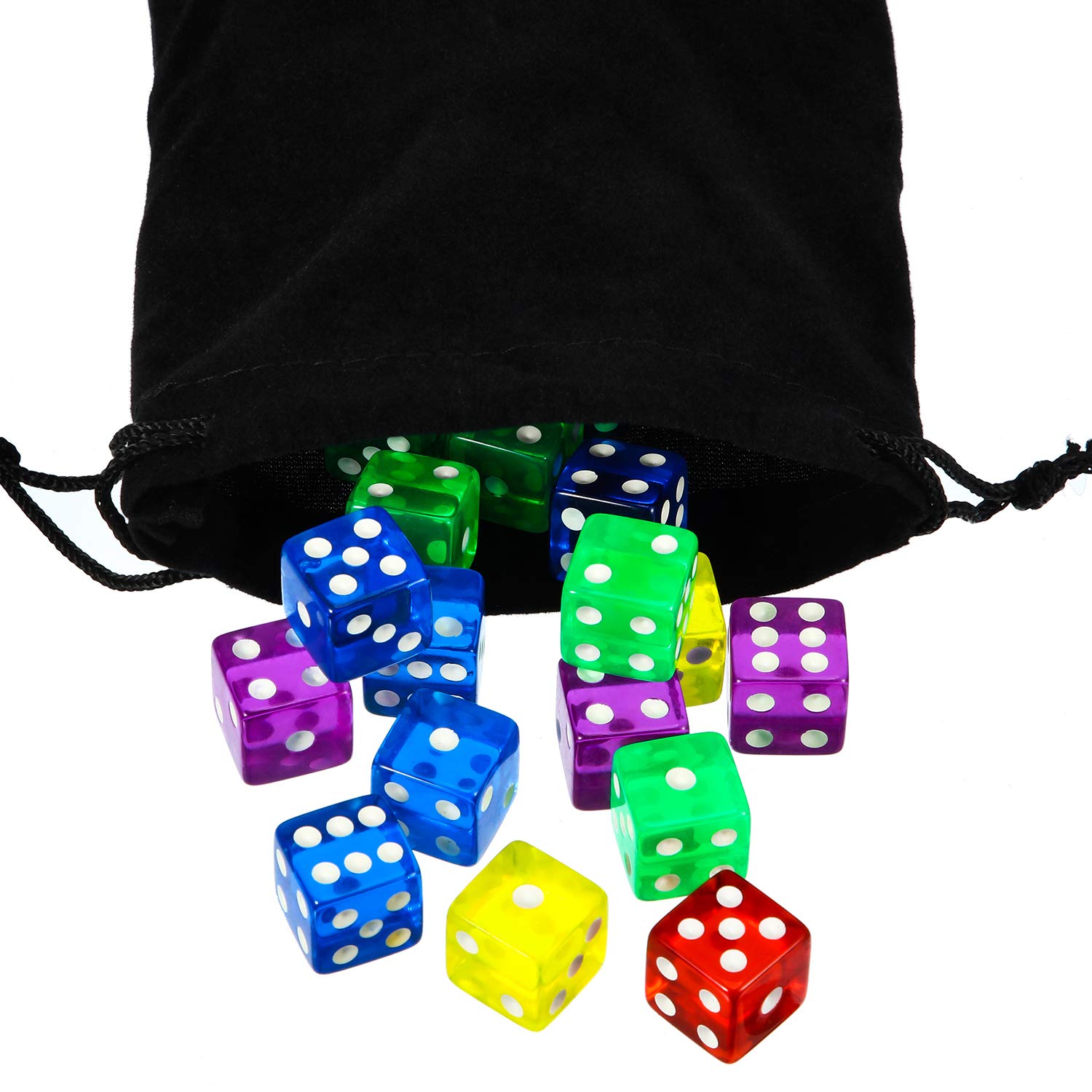 [50 Pieces] 6-Sided Games Dice Set, Colored Dice with Black Velvet Pouches for Games, Like Board Pastime‌, Math Contest, Party Favors(Purple, Blue, Green, Red, Yellow, Transparent Square Edge)