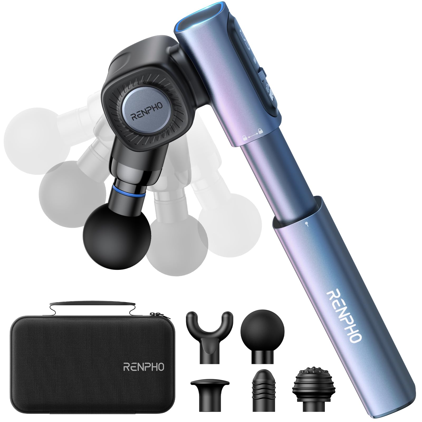 Photo 1 of RENPHO Massage Gun with Adjustable Angles and Extension Handle, Handheld Percussion Muscle Massager Deep Tissue with Portable Carry Case for Men Women, Extend 2