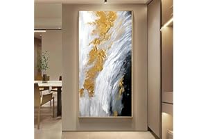 AITESI ART Hand-Painted Gold Abstract Oil Painting on Canvas for Entrance-Hall, Framed White and Black Wall Art for Living Room,Large Wall Picture for Bedroom Kitchen Home Decoration 24x48inch