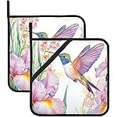 Spring Floral Hummingbirds Pot Holders Set of 2 Summer Botanical Kitchen Decorative Heat Resistant Potholder Cotton Lining Oven Hot Pads for Kitchen Cooking Baking Microwave Oven End Dishes BBQ Gifts