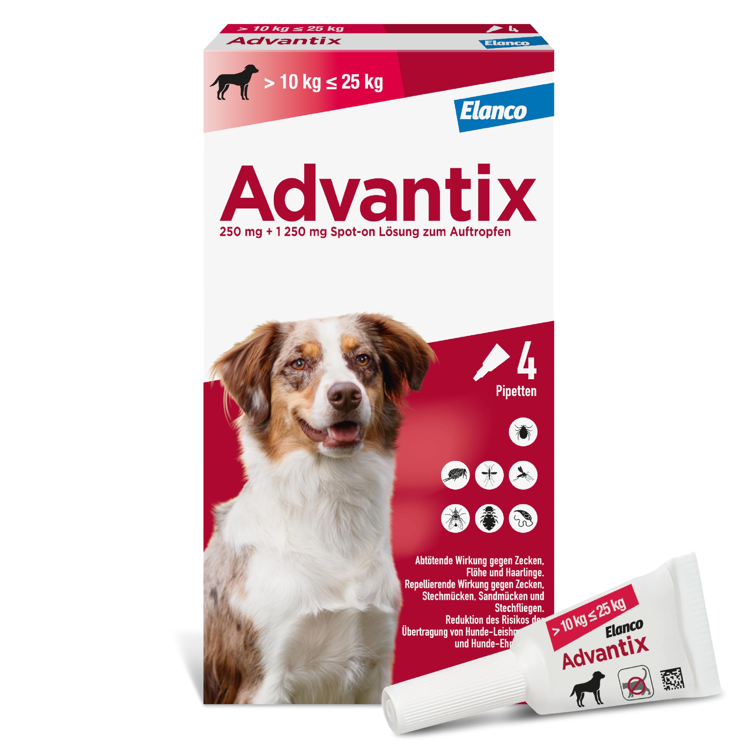 Advantix Spot-on für Hunde 10-25 kg gegen Zecken, Flöhe, Mücken, 4 Pipetten