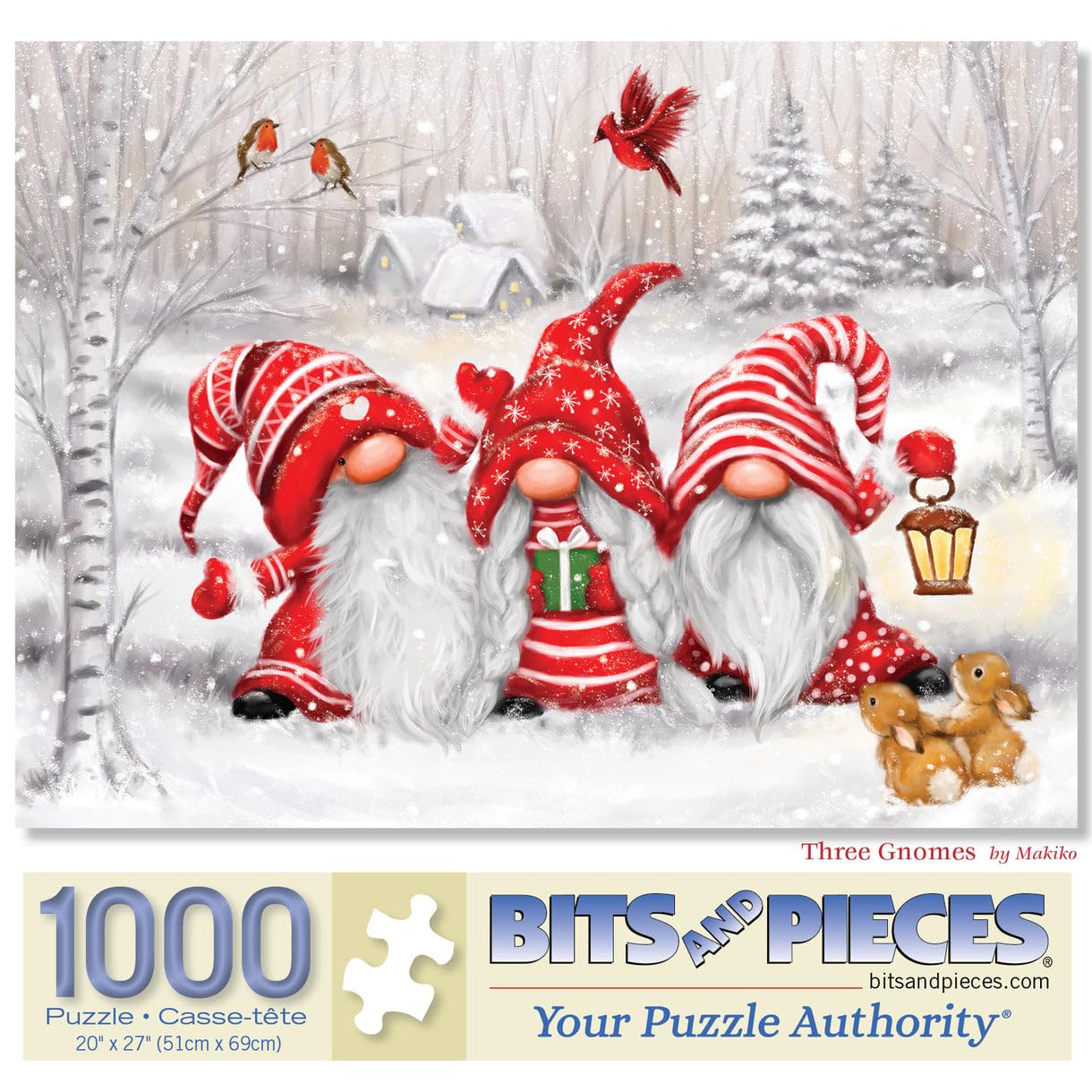 Bits and Pieces - 1000 Piece Jigsaw Puzzle for Adults 20" x 27 - Three Gnomes - 1000 pc Christmas Winter Jigsaw by Artist Makiko