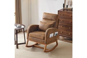 VINGLI Rustic Microfiber Nursing Rocking Chair with Thick Headrest, Upholstered Mid-century Modern Nursery Rocker Glider with Curved Armrest, Sturdy Solid Wood Base for Living Room, Bedroom, Baby Room