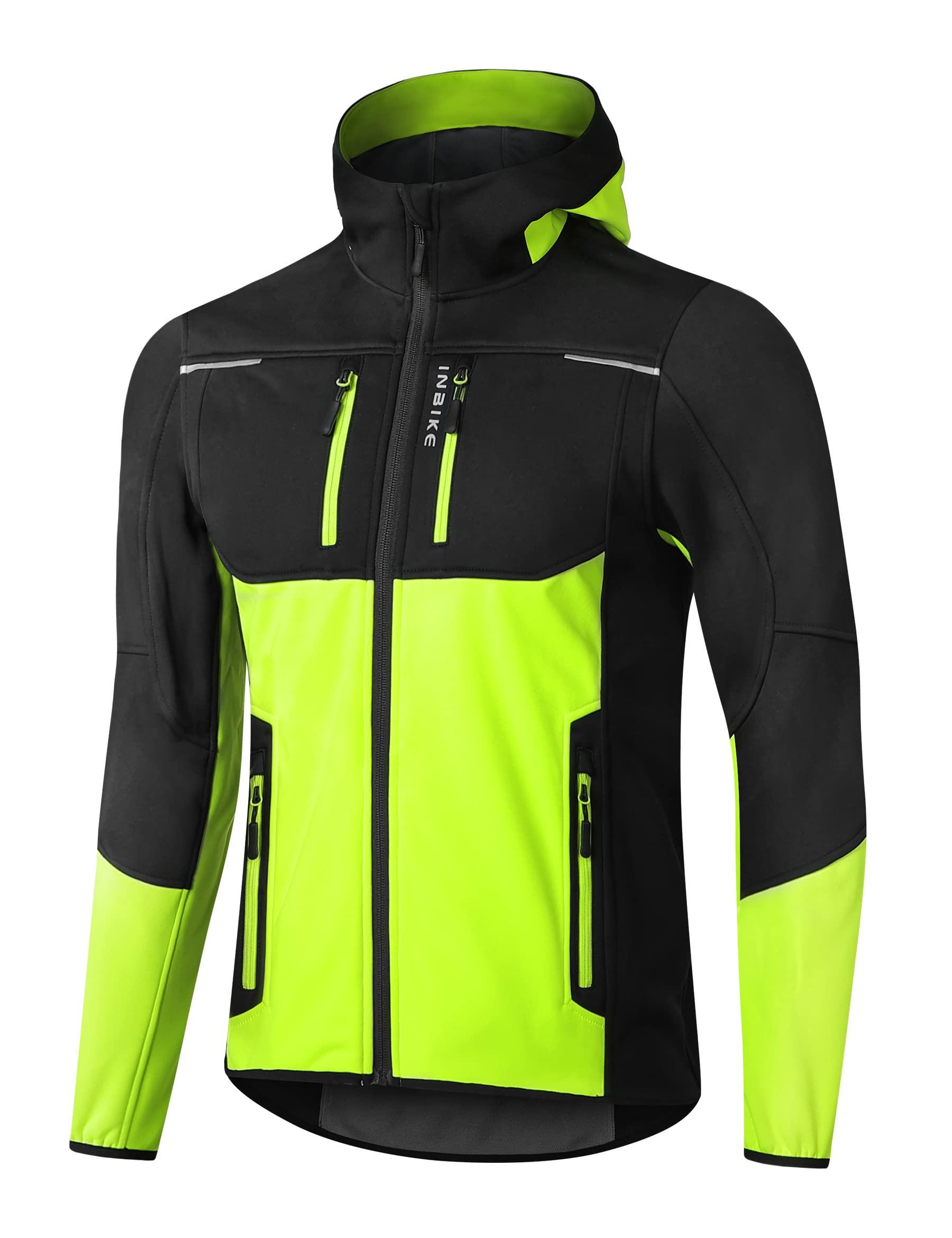 Photo 1 of INBIKE Hooded Cycling Bike Jacket Men Running Biking Windbreaker Reflective Windproof Thermal Fleece Lined Bicycle Coat Green