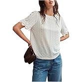 SweatyRocks Women's Crewneck Eyelet Tops Casual Lace Contrast Blouses Short Sleeve Tops