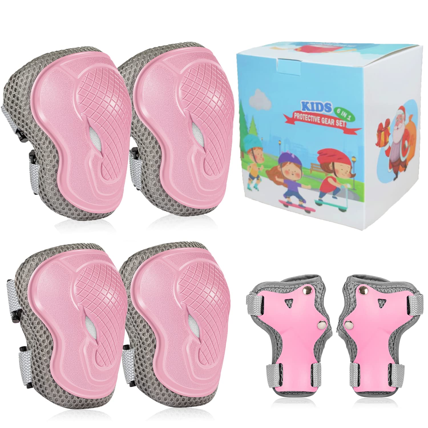 LANOVAGEAR Toddler Children Knee Elbow Pads Age 2-10,Kids Protective Gear Set 6 in 1,Children Adjustable Knee Elbow Wrist Pads for Bike Skate Skateboard Scooter Cycle Skating Inline Roller (Pink, XS)