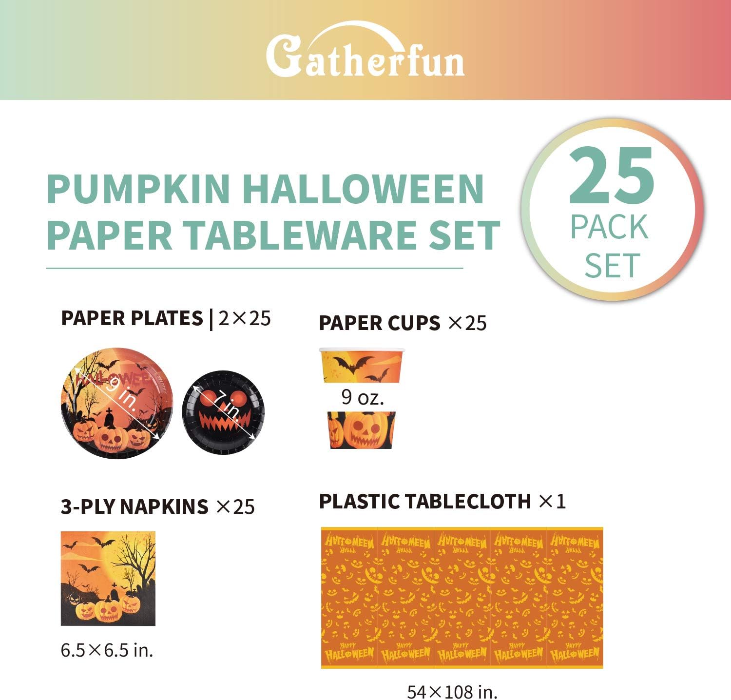 Halloween Plates Cups Napkin Tablecloth Disposable Tablerware Serve 25 for Halloween Pumpkin Party Supplies: Kitchen & Dining