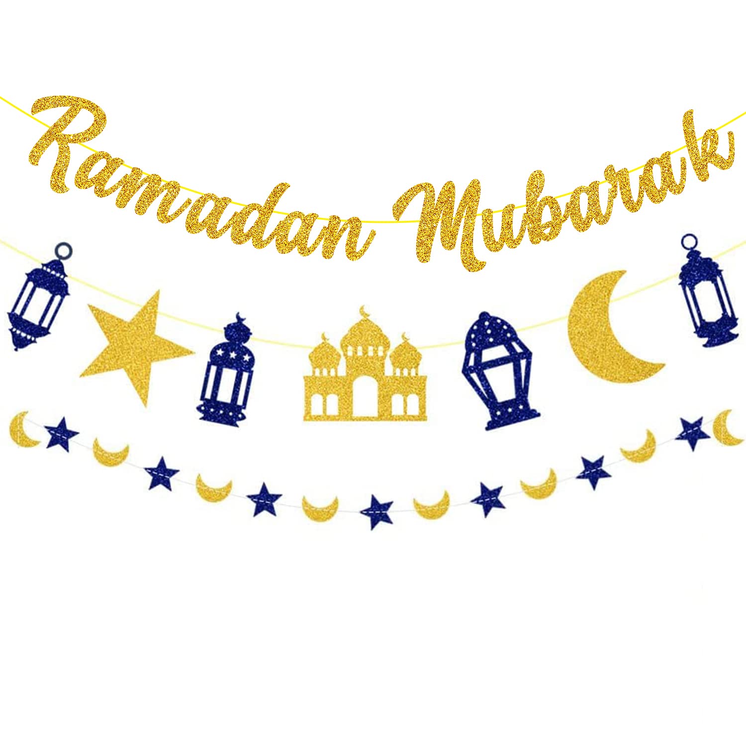 Elicola Ramadan Mubarak Decorations Banner Gold, Moon and Star Bunting Garland, Eid Ramadan Muslim Islamic Party Decorations Indoor/Outdoor