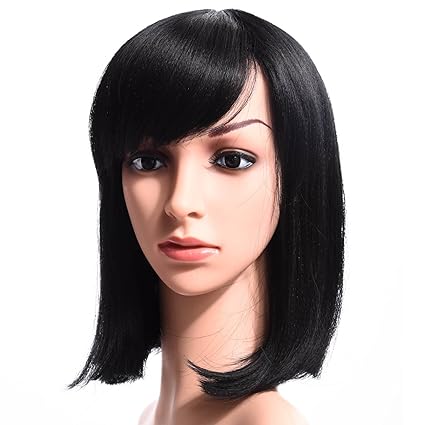 Black Silike Synthetic Medium Length Straight Bob Wigs 14 Full