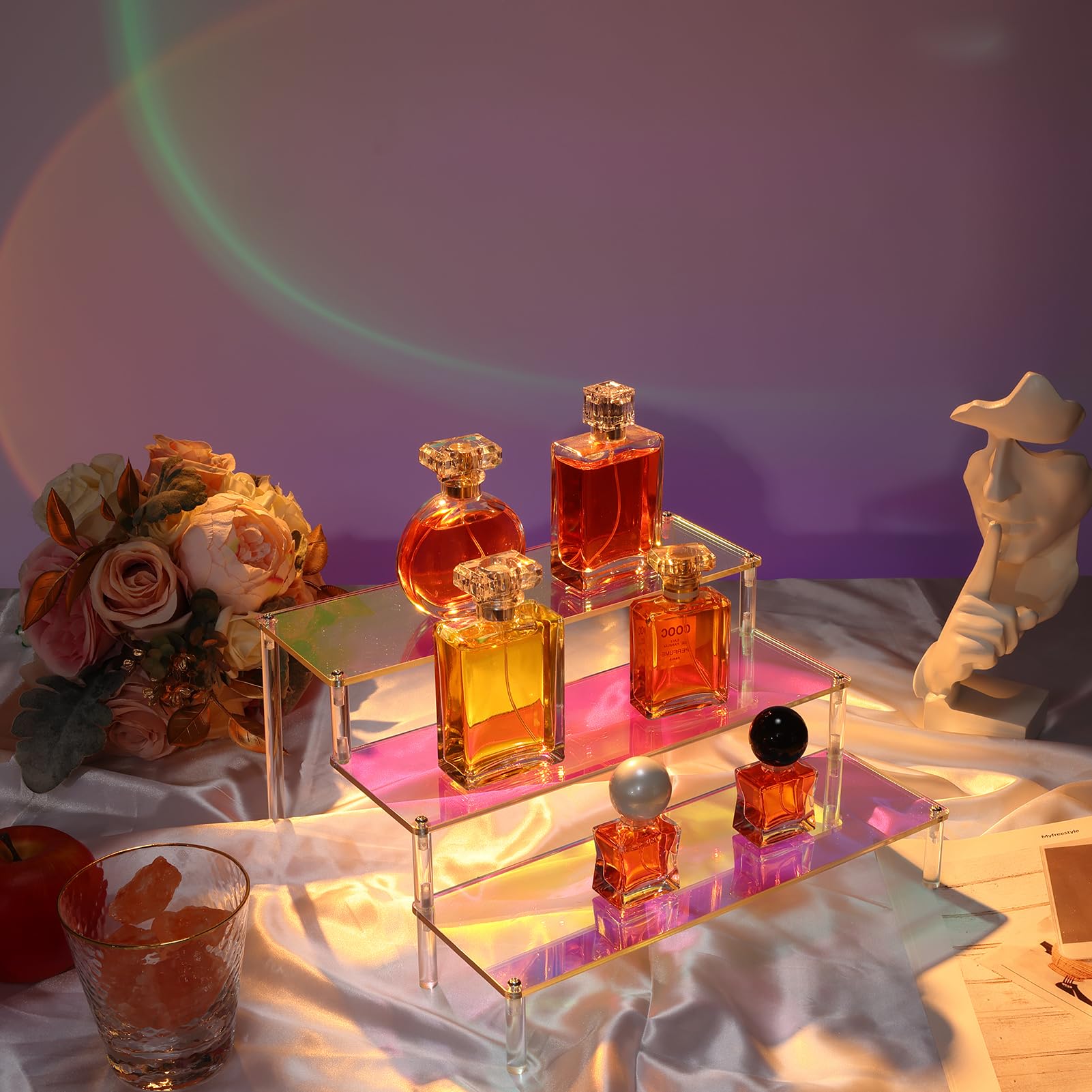 MESISEPHELE Acrylic Risers Display Stands, 2 Packs 3 Tier Rainbow Display Shelf for Cupcake Stand Perfume Organizer Anime Figures Collectibles Iridescent Display for Jewelry and Cosmetic