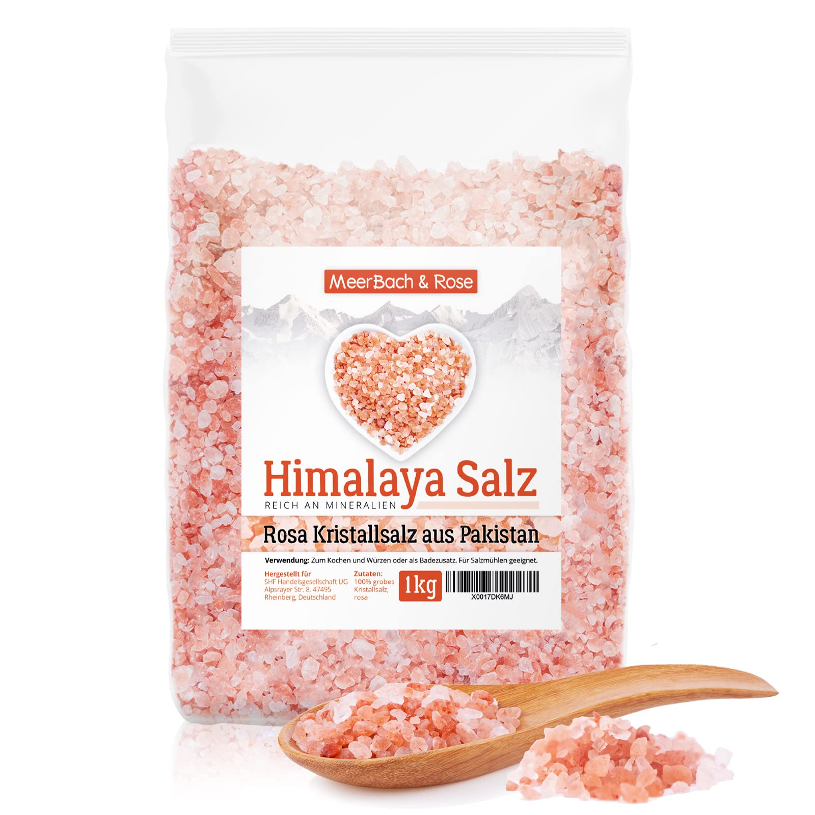 MeerBach & Rose Himalaya Salz, rosa Kristallsalz, 1kg grobe Körnung für die Salzmühle, Pink Salt, Badesalz, original aus Punjab Pakistan
