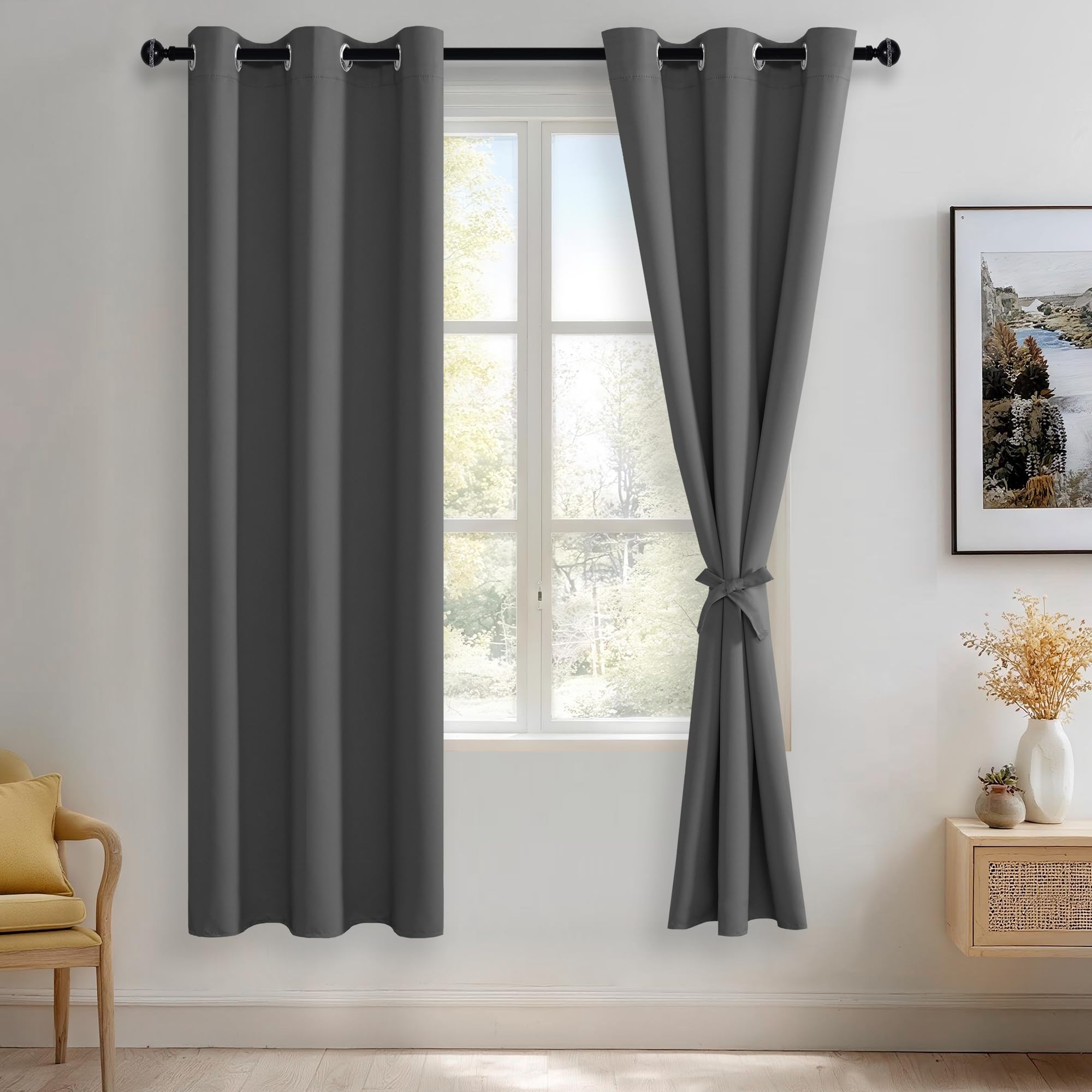 JIUZHEN Dark Grey Blackout Curtains with Tiebacks Thermal Insulated, Light Blocking and Noise Reducing Grommet Curtains for Bedroom and Living Room, Set of 2 Window Curtain Panels, 42 x 72 Inch Length Image
