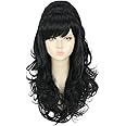 yuehong Long Black Wavy Women Wig Big Bouffant Beehive 60s 70s Cosplay Costume Wig Resistant Synthetic Fibers Fluffy Durable Soft Hair