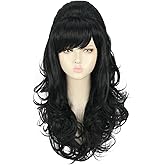 yuehong Long Black Wavy Women Wig Big Bouffant Beehive 60s 70s Cosplay Costume Wig Resistant Synthetic Fibers Fluffy Durable Soft Hair