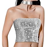 Sparkly Sequin Mermaid Crop Tops Stretchy Tube Metallic Tube with Mesh Metal Sequins Choker Necklace