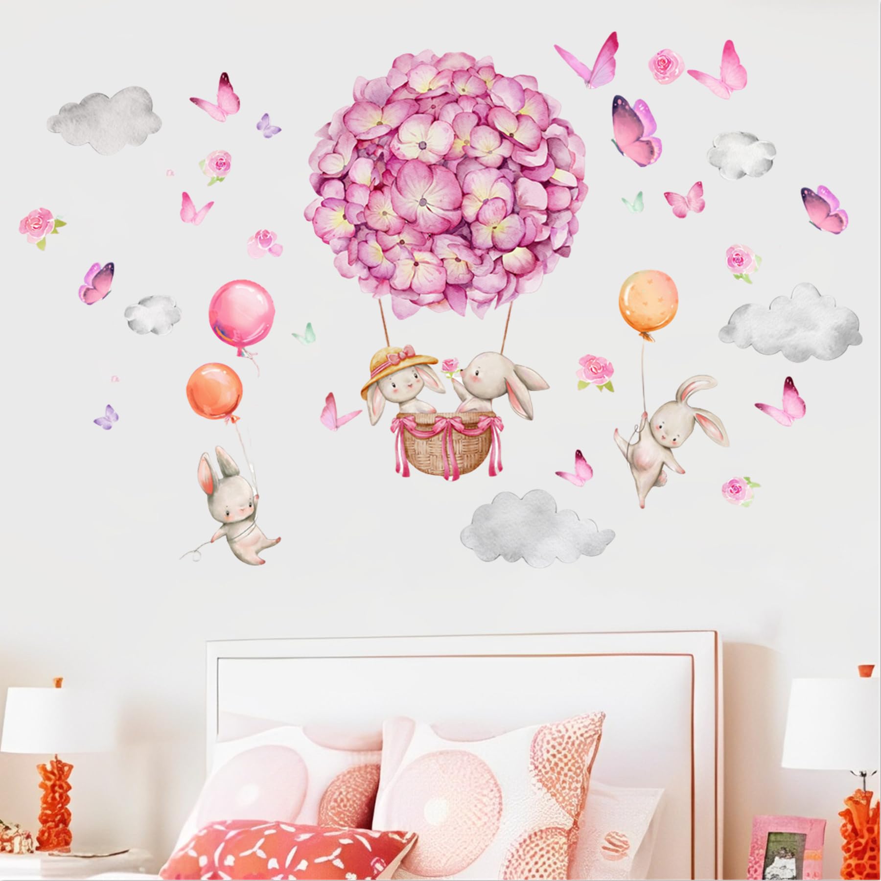 Bunny Wall Stickers for Girls Bedroom, Watercolor Flower Hot Air Balloon Wall Decals with Bunnies & Butterflies, Peel and Stick Wall Art for Nursery, Vinyl Stickers in Gift Box