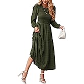 dowerme Women's Dresses 2026 Spring Puff Long Sleeve Crewneck Smocked Tiered Flowy A-Line Boho Wedding Party Maxi Dress