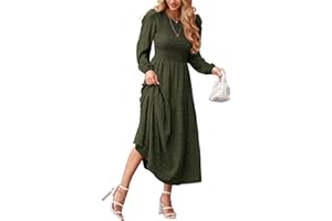 dowerme Women's Dresses 2024 Fall Puff Long Sleeve Crewneck Smocked Tiered Flowy A-Line Boho Wedding Party Maxi Dress