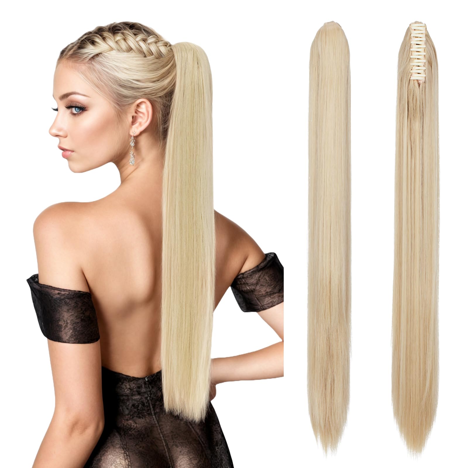 TESS Clip in Ponytail Extension Claw, 26 Inches Hair Extensions Synthetic Straight Ponytail Clip in #86/613 Golden&Bleach Blond Hair Pieces for Women 150g — image 1